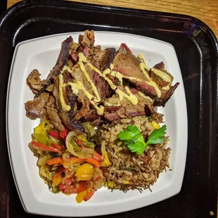 Brisket. Rice. Sauteed veggies.