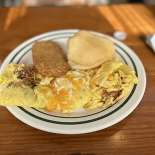 Meat Omelette with hash brown and biscuit