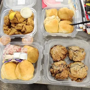 Catfish bites, plain, honey &amp; blueberry biscuits