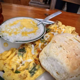 The Works omelette with grits and a biscuit