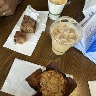 Drinks: Cappuccino and Iced Latte // Pastries: Banana Bread and Gluten Free Banana Chocolate Chip Muffin