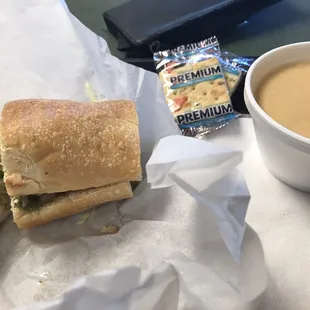 Chicken Philly sandwich and Lobster Bisque. Yum!