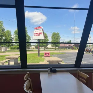 Our view of a portion of the parking lot and diner sign.