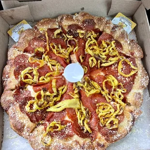 Pepperoni + Banana Peppers - Really good! This was from the Lucky&apos;s Market location. Pricey but very tasty.