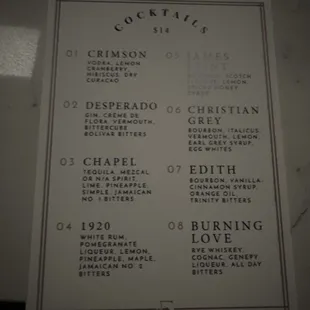 Cocktail menu