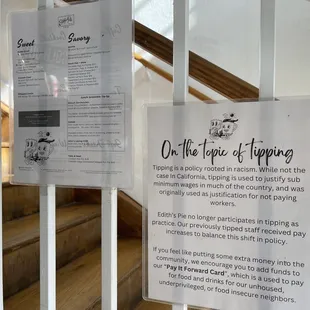 Tipping information at Edith's Pie in Oakland.