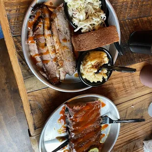 Brisket, corn bread, slaw, Mac and half slab of pork ribs.