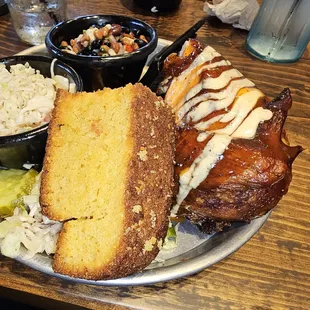 Chicken Platter- Half a bird on the bone. Sides of cole slaw, cornbread and bean salad.