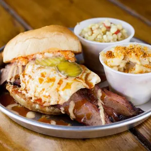 Tuck Special - Sliced Brisket, Over-Easy Egg, Red &amp; White BBQ Sauce, Spicy Pimento Cheese and Pickles