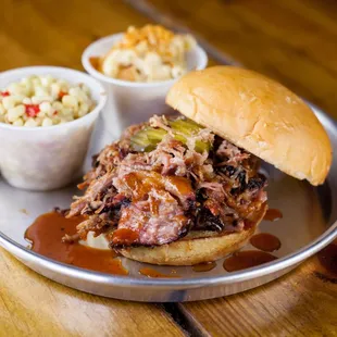 Pork Sandwich with Skillet Corn and Mac &amp; Cheese
