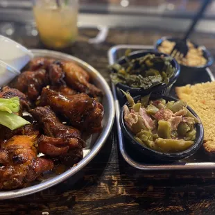 Wings (White BBQ &amp; Buffalo), collard greens, skillet corn, green beans