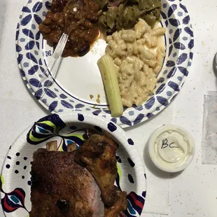 Ribs, wings, Mac and cheese, green beans, baked beans.