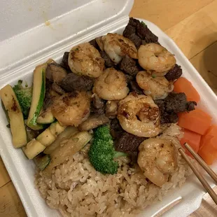 Hibachi Shrimp and Stake with Vegetables and Fried Rice