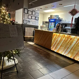 a christmas tree in a restaurant