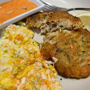 Brunch: Crabcakes without bun + scrambled eggs and spicy mayo.