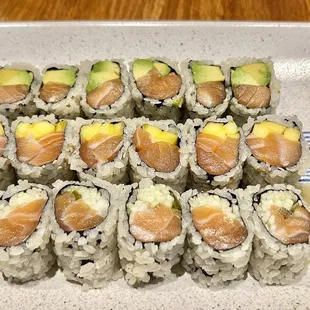 3 Rolls Lunch Special -Salmon Avocado Roll- Salmon Mango Roll - Salmon Cucumber Jalapeno Roll