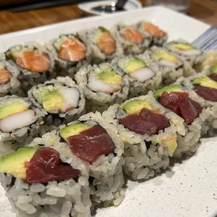 Salmon Cucumber Jalapeno Roll, California Roll, Tuna Avocado Roll