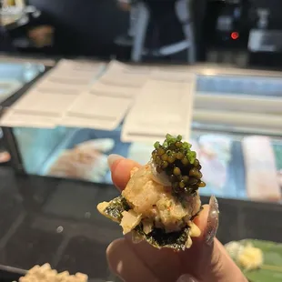 Opening Bite - Tempura Nori, hamachi-scallop tartare, creme fraiche, imperial kaluga caviar, chives