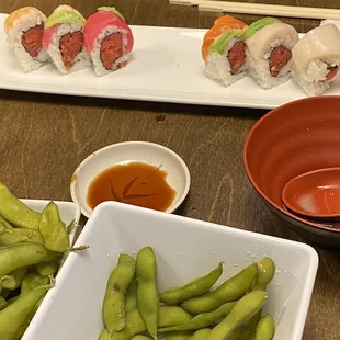 Edamame spicy rainbow roll miso soup