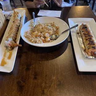 Green Hulk Roll (left) &amp; Monster Roll (right) with the shrimp fried rice.