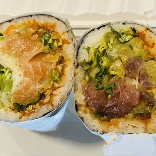 Flying Salmon (left), Spicy Tunarrito (right)
