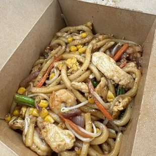 Japanese Udon with shrimp and chicken.