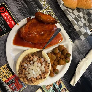 BBQ chicken, fried okra and black beans with onions. Chicken was nice and juicy and cooked to perfection.