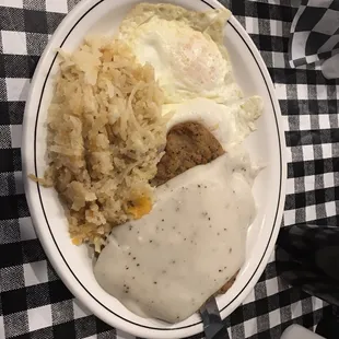 Country Fried Steak, hash brown casserole, over easy eggs!