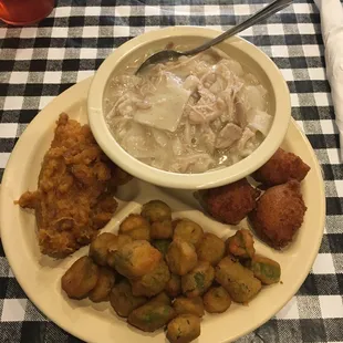 Chicken Pastry, Fried Okra, Sweet Potato Casserole, &amp; Hushpuppies.