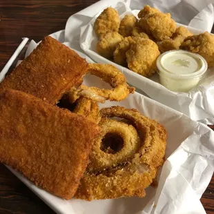 3 piece fish plus onion rings and an order of fried cauliflower