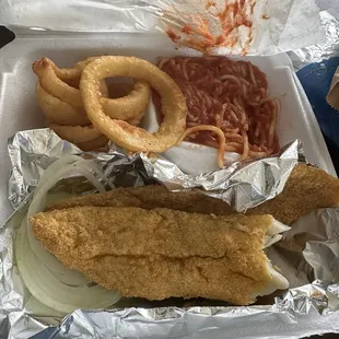 Whiting, Onion Rings and Spaghetti