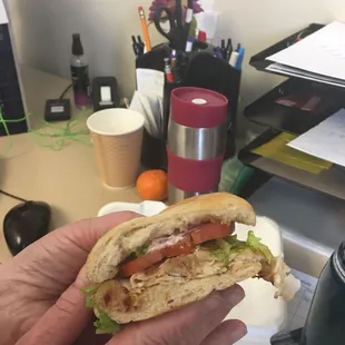 a person holding a sandwich