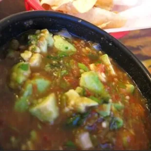Ed's Salsa with avocado and cilantro is the bomb....yum!!!! You have to ask for it.