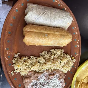 Combo plate - mini burrito beef and chimichanga comes with rice and beans.