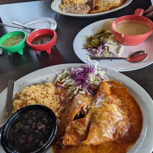 Enchiladas and Al Carbon, Queso and chips