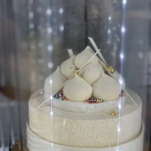 a cake in a display case