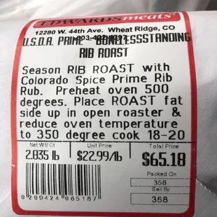 the price label of a bag of roast beef