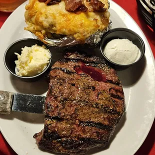 Shep sirloin with a twice baked.
