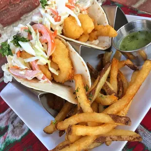 DOS Fish Tacos w/ Fries It&apos;s $9 for lunch happy hour Thursdays and Fridays 11am-4pm,Delicious food and great Cocktails with Happy Hour