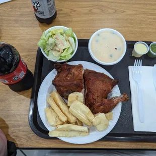 1/2 chicken, rice, salad, yucca fries and coke