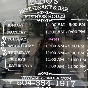 Hours, closed on Tuesdays.