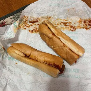 Got home and this is what I got for $11.00 it's supposed to be a Meatball Sub , definitely don't recommend this sub .