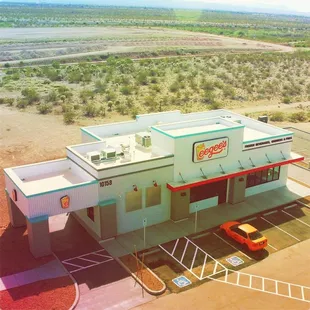 an aerial view of a fast food restaurant