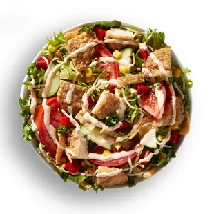 a salad with chicken, lettuce, tomatoes, cucumbers, and onions