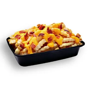 a tray of fries with cheese and bacon