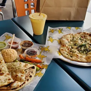 Bread service, jalapeno Naan, mango lassi