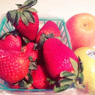 Strawberries and an organic apple and a pear!