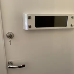 Love having a window and the door opens inside.  They placed our door on the side as we requested.