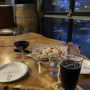 Wine, beer, pizza.