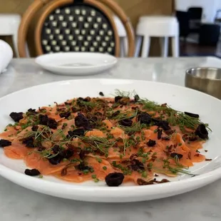 Smoked salmon carpaccio (whipped herb chèvre on the side, comes with crostini)